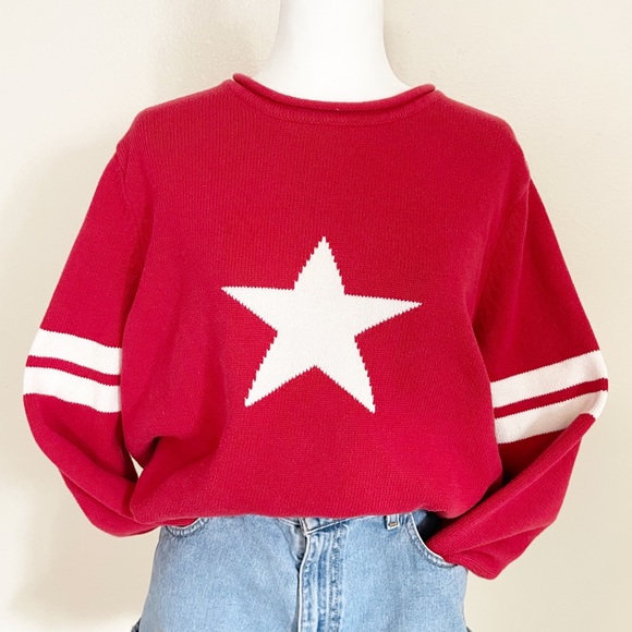 Vintage Sweaters - Vintage CJ Banks Star Striped Red Oversized 100% Cotton Sinch Hem Sweater